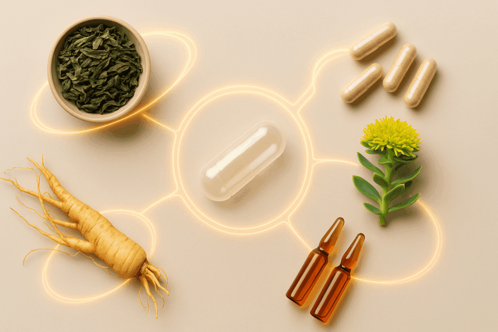 Key ingredients found in the best energy capsule, including ginseng root, Rhodiola rosea, green tea leaves, and CoQ10 vials, arranged on a neutral surface with glowing energy rings connecting them to a central transparent capsule.