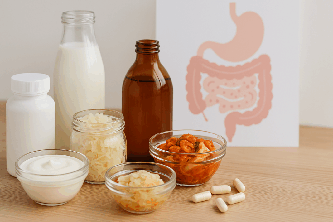 Assortment of probiotic-rich foods like yogurt, kimchi, kefir, sauerkraut, and kombucha next to capsules and digestive system diagram, illustrating 10 benefits of probiotics