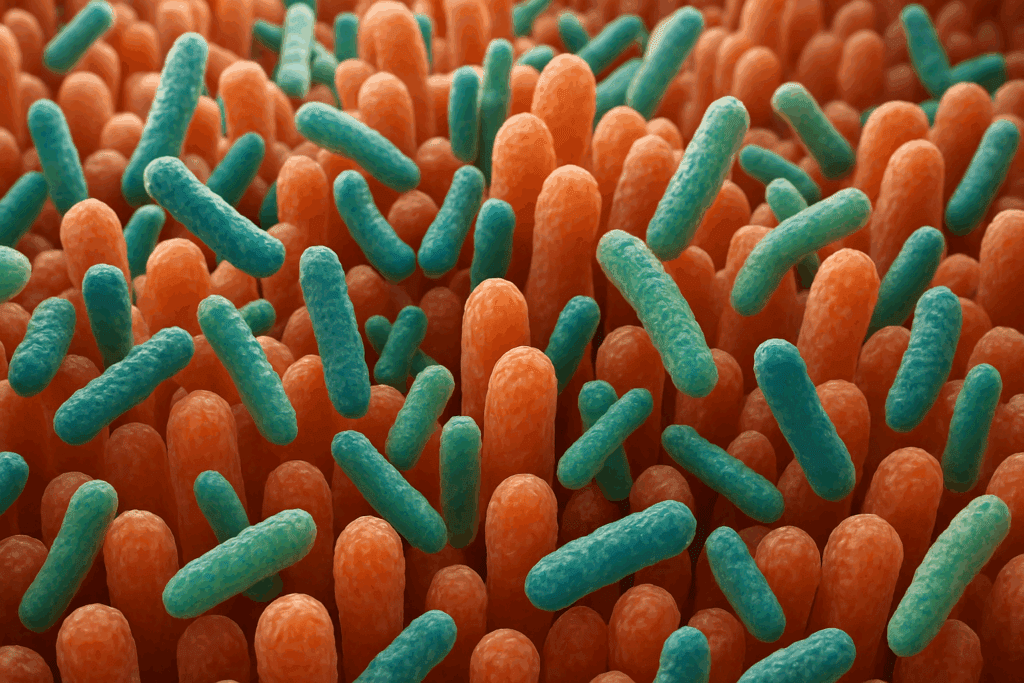3D rendering of Lactobacillus and Bifidobacterium probiotics interacting with intestinal villi, illustrating the gut microbiota for an article on the 10 benefits of probiotics.