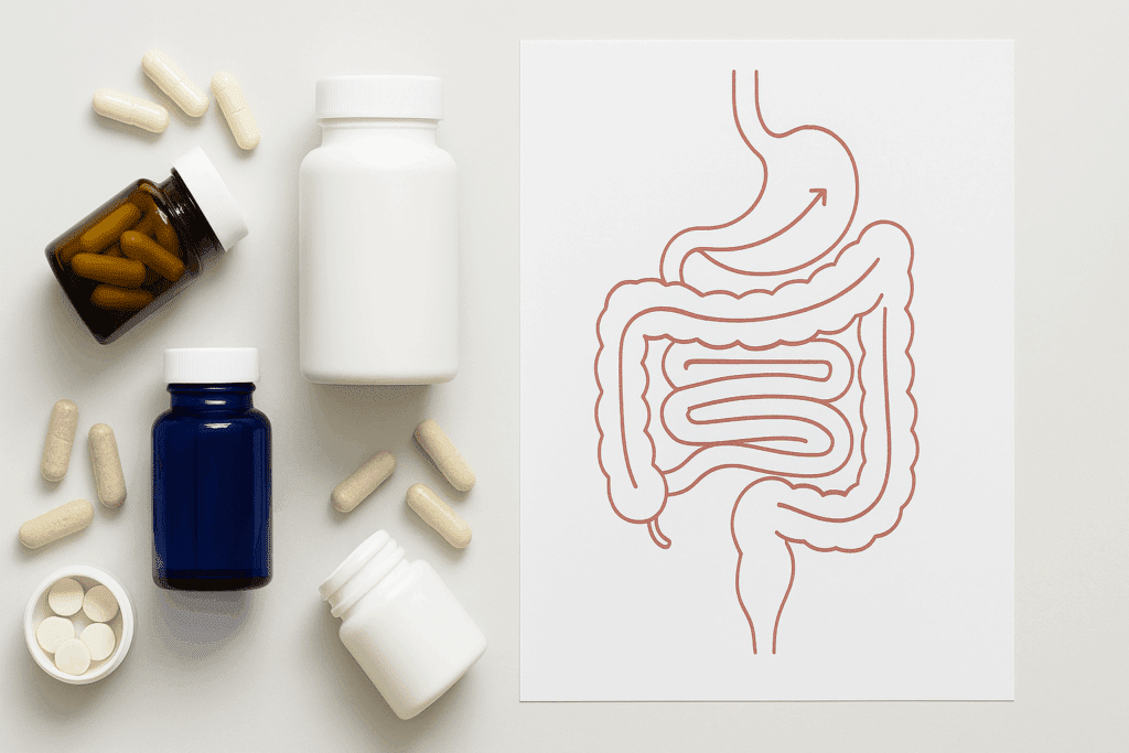 Flat lay of probiotic supplement bottles and capsules beside a gut health diagram showing delivery mechanisms, highlighting 10 benefits of probiotics.