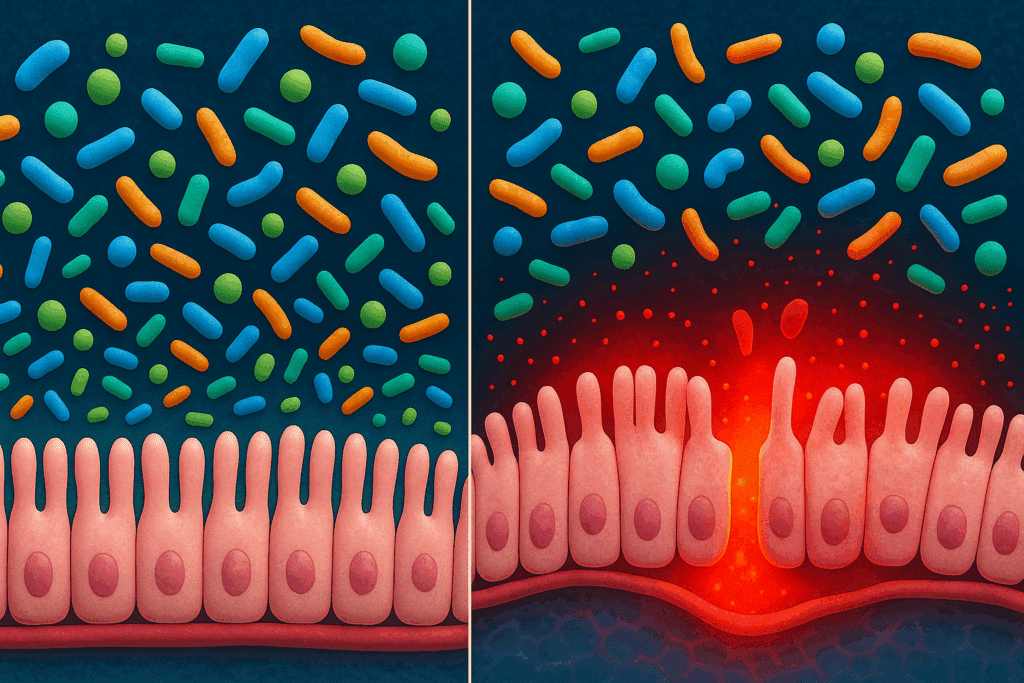 Side-by-side comparison showing a healthy gut microbiome versus a disrupted one, illustrating microbial diversity, inflammation, and gut lining integrity to highlight the 10 benefits of probiotics