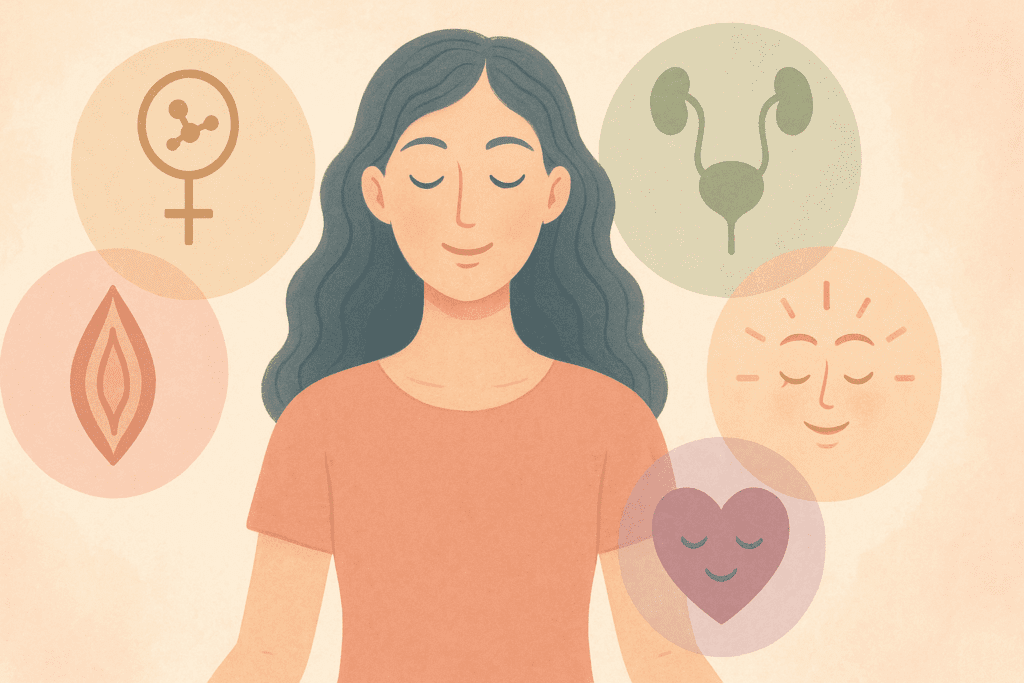 Serene woman surrounded by symbolic icons representing hormone balance, vaginal health, urinary tract, glowing skin, and emotional wellness—visualizing 10 benefits of probiotics for women.