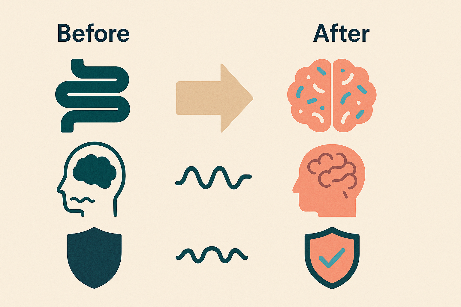 Infographic showing before-and-after effects representing 10 benefits of probiotics for gut health, mood, and immunity using symbolic icons.