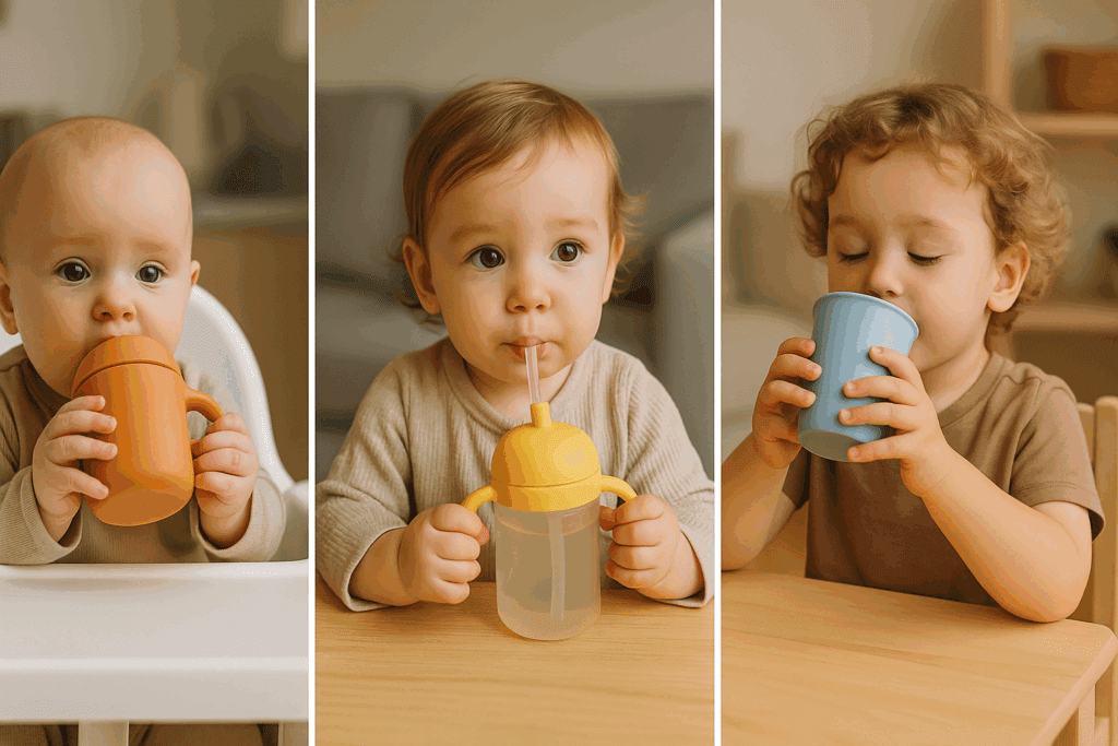 Side-by-side view of a 6-month-old with a silicone sippy cup, a 1-year-old using a straw cup with handles, and a 3-year-old drinking from a trainer cup, showing the best sippy cup progression for each age milestone