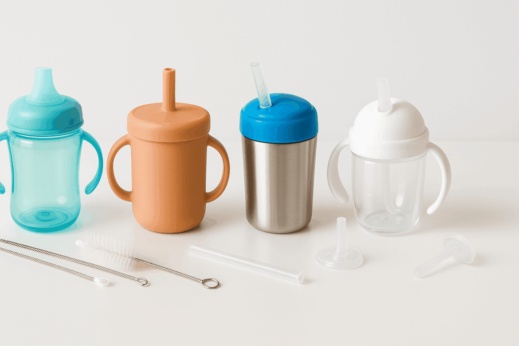 Flat lay comparison of toddler drinking cups in plastic, silicone, and stainless steel with lids, straws, and cleaning tools, helping parents choose the best sippy cup