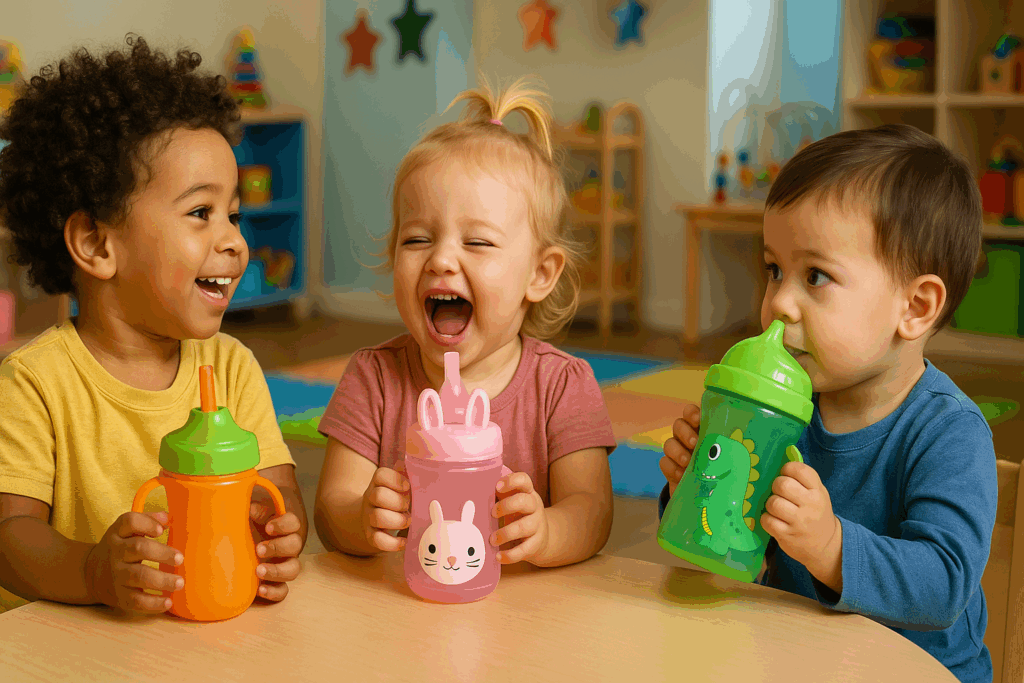 Three toddlers laughing in a daycare setting, each drinking from a colorful, uniquely designed best sippy cup during snack time