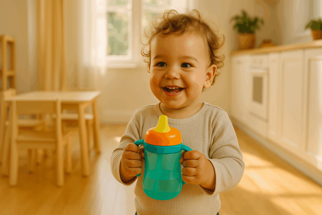 Smiling toddler holding the best water bottle for toddlers in a sunlit kitchen with wooden floors and child-friendly furniture
