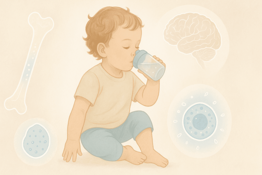 Toddler drinking from the best water bottle for toddlers while sitting and playing, with soft overlays showing healthy bones, brain function, and hydrated cells