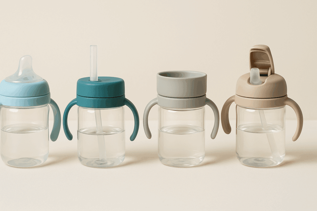 Four types of the best water bottle for toddlers displayed side by side, showing a soft spout, straw lid, open-cup top, and flip-top design.