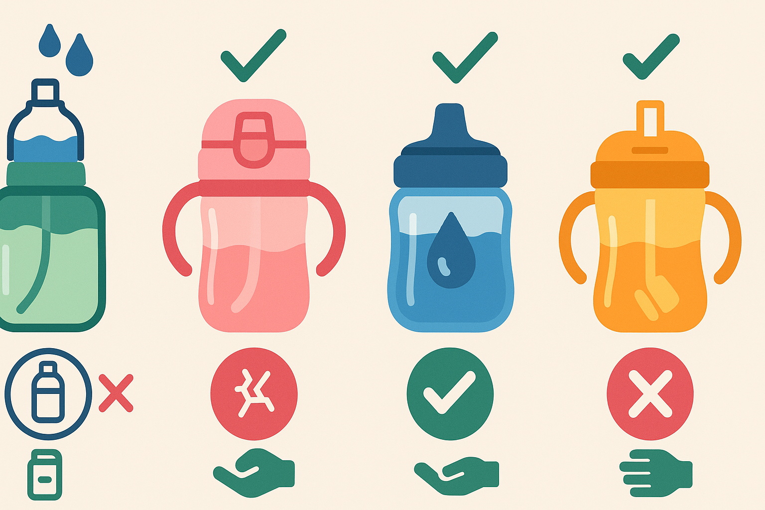 Infographic comparing the best water bottle for toddlers across four models using icons for leak-proof design, ease of cleaning, durability, and ergonomic grip