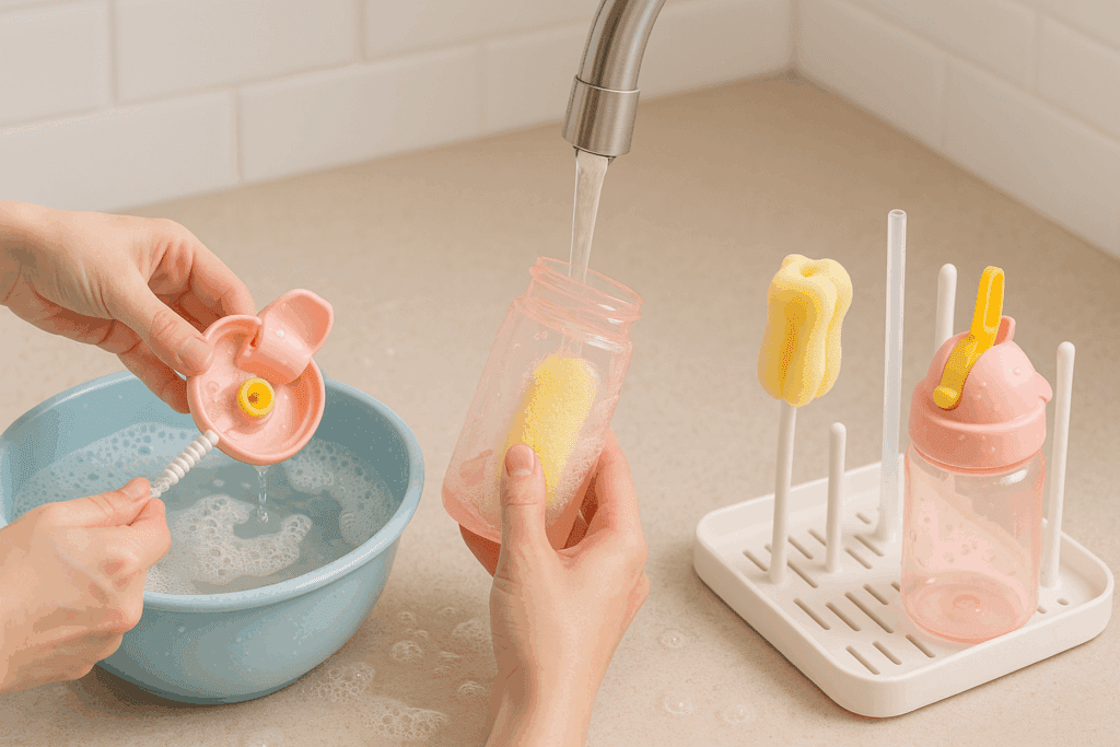 Hand-washing the best water bottle for toddlers with soft brushes and drying on a rack in a clean kitchen setting