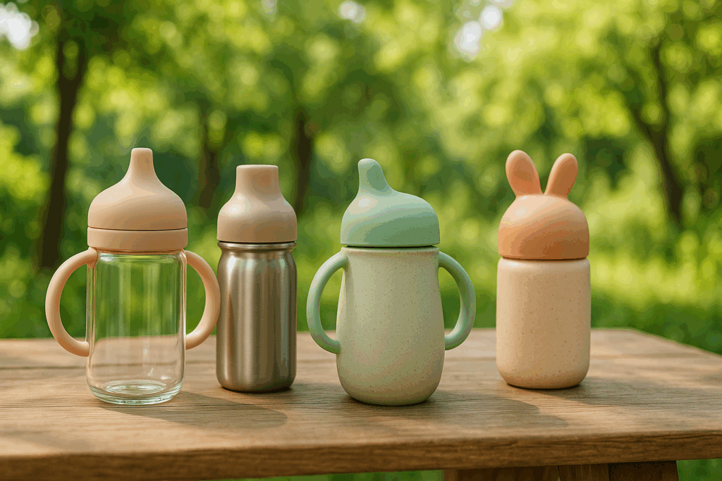 Eco-friendly options of the best water bottle for toddlers made from glass, stainless steel, and plant-based materials on a wooden table outdoors with greenery in the background.