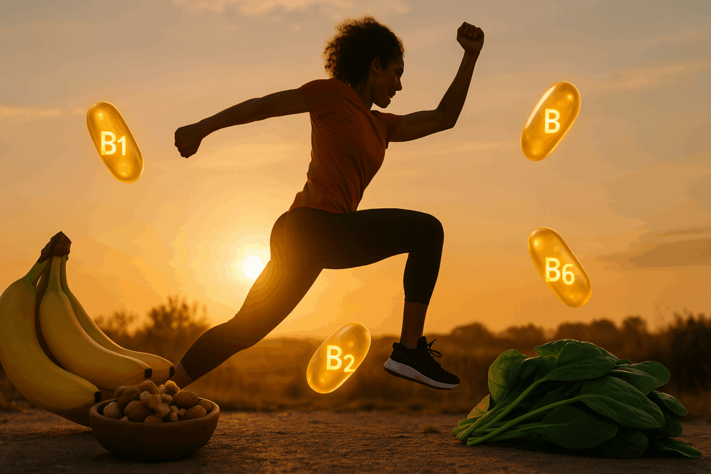 Person jumping outdoors at sunrise with glowing B-complex capsules, bananas, spinach, and nuts illustrating what is the best vitamin for energy.