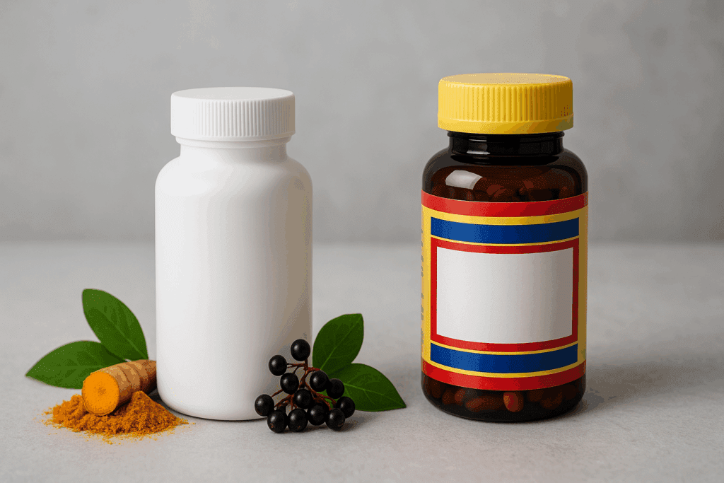 Side-by-side comparison of two supplement bottles highlighting what is the best vitamin with natural ingredients like turmeric and elderberry.