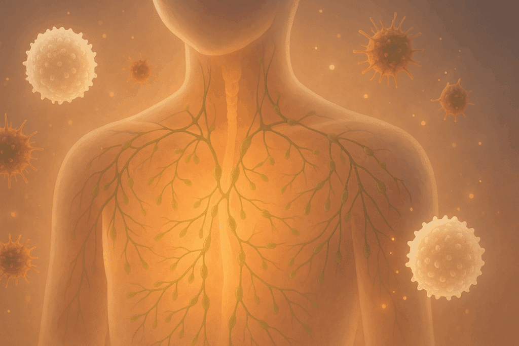 Stylized illustration of the human immune system with white blood cells and lymph nodes, visualizing how the best herbs for immunity support natural defenses