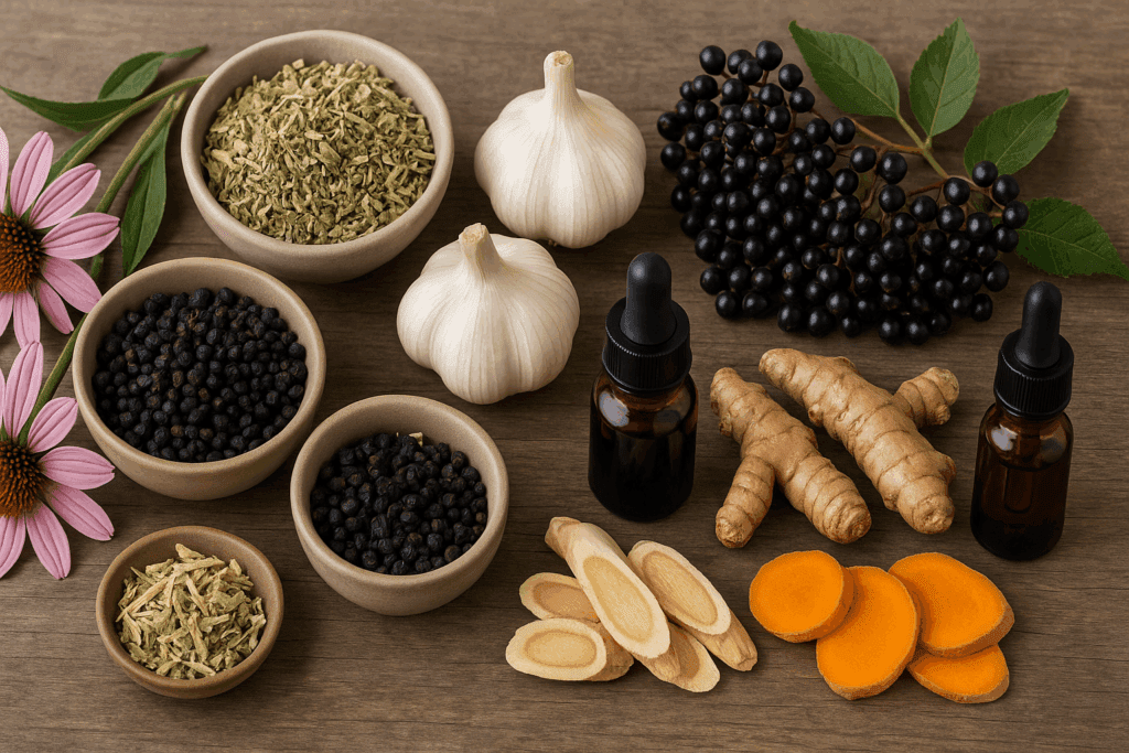 Still-life of the best herbs for immunity: echinacea, elderberries, garlic, turmeric, and astragalus with tinctures.