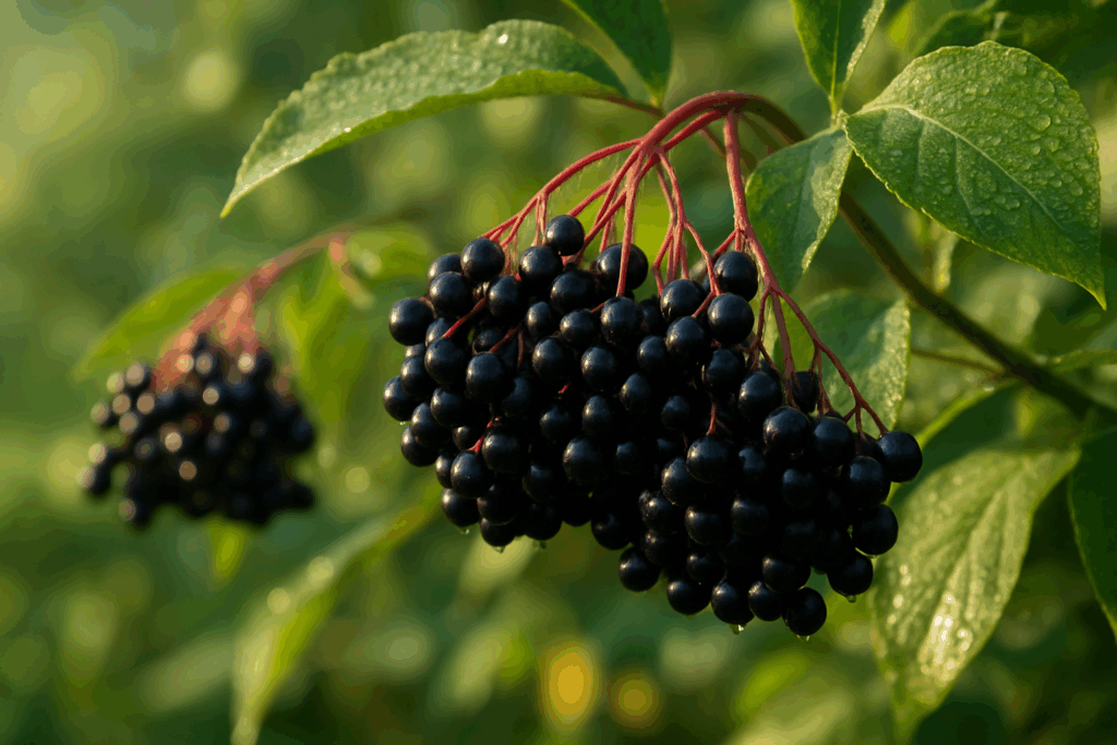 Ripe elderberries on a dew-covered bush in late summer, showcasing one of the best herbs for immunity during cold and flu season