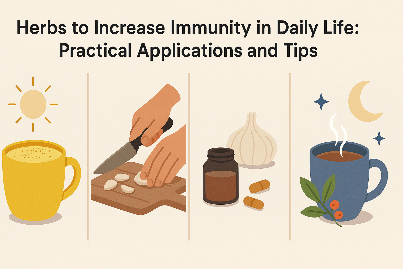 Infographic illustrating a wellness routine with the best herbs for immunity, showing a turmeric latte in the morning, garlic in meals, herbal tea in the afternoon, and ashwagandha at night.