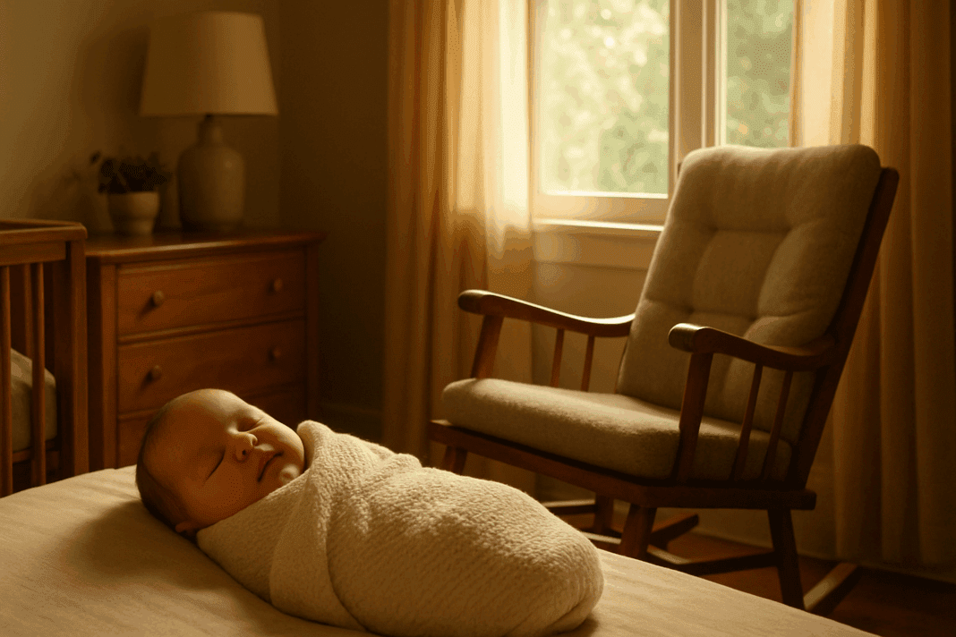 Swaddled newborn sleeping peacefully in a sunlit nursery, illustrating why is my newborn still hungry after feeding in a calm, nurturing environment.