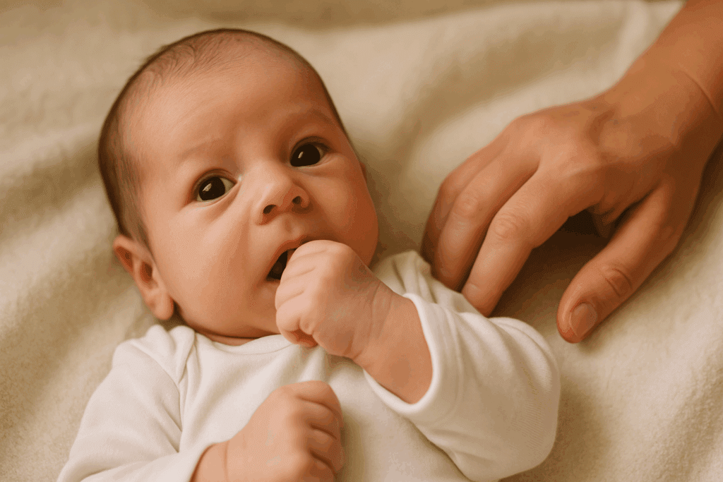 Newborn baby with wide eyes and hand near mouth lying on a blanket, illustrating why is my newborn still hungry after feeding