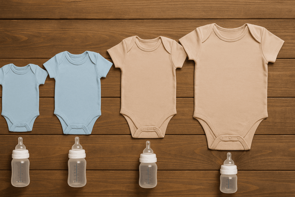 Baby onesies increasing in size lined up with feeding bottles on a wooden surface, illustrating why is my newborn still hungry after feeding.