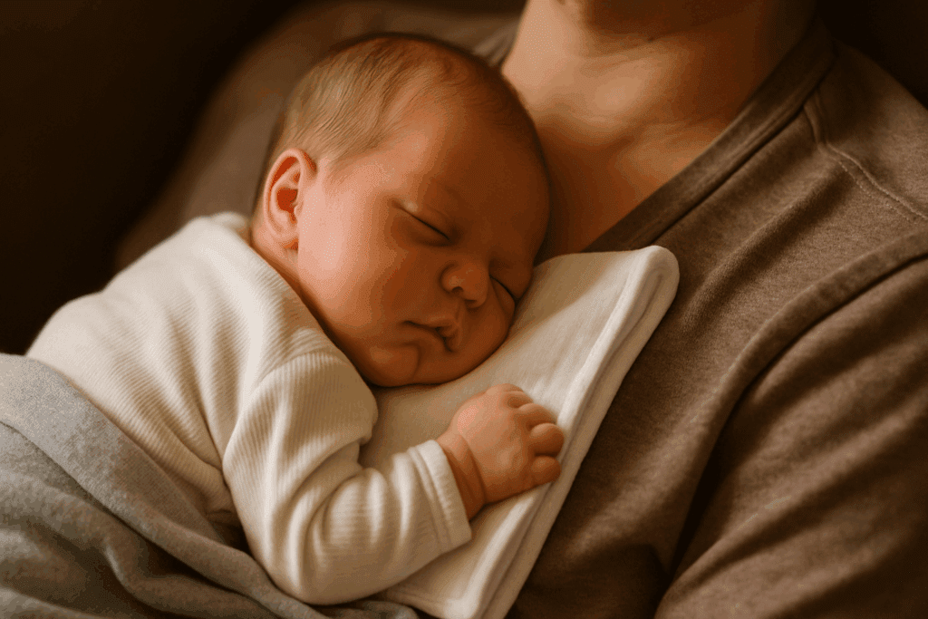 Newborn sleeping on parent’s chest with burp cloth and blanket, illustrating calm after digestion and the question why is my newborn still hungry after feeding