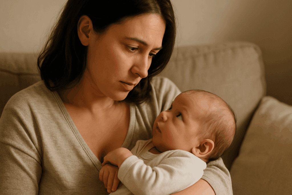 Mother gently holding newborn on couch, making eye contact, conveying concern and love—illustrating why is my newborn still hungry after feeding.