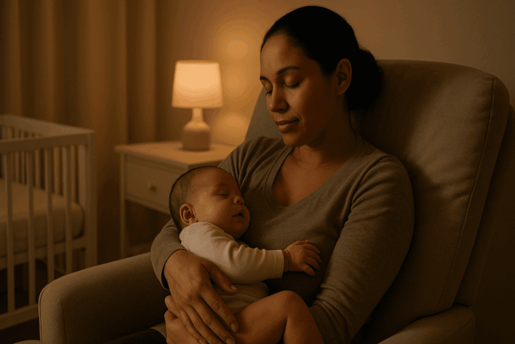 Mother rocking a calm newborn to sleep in a softly lit nursery, illustrating emotional bonding related to why is my newborn still hungry after feeding.