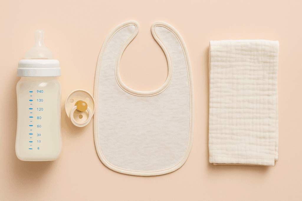 Flat-lay of baby bottle, pacifier, bib, and burp cloth on pastel background illustrating why is my newborn still hungry after feeding.