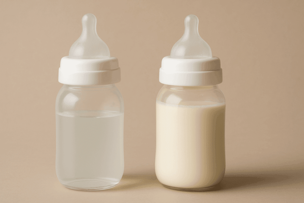 Two baby bottles side by side, one with watery milk and the other with thick milk, symbolizing why is my newborn still hungry after feeding