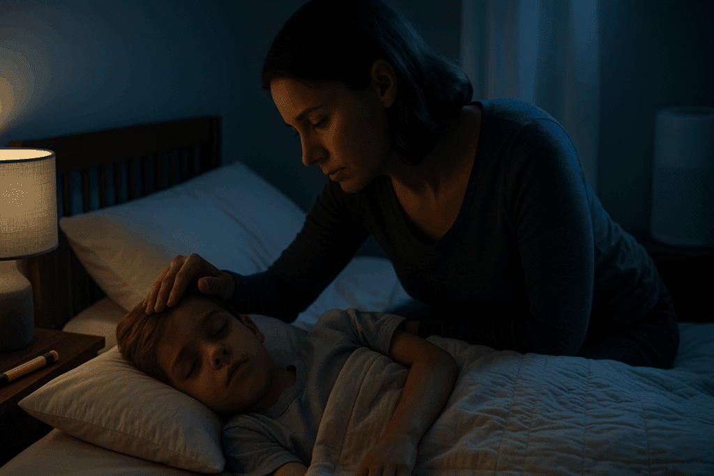 Concerned parent checking sleeping child’s breathing at night with epinephrine injector nearby, highlighting risk of can i die in sleep from anaphylaxis.