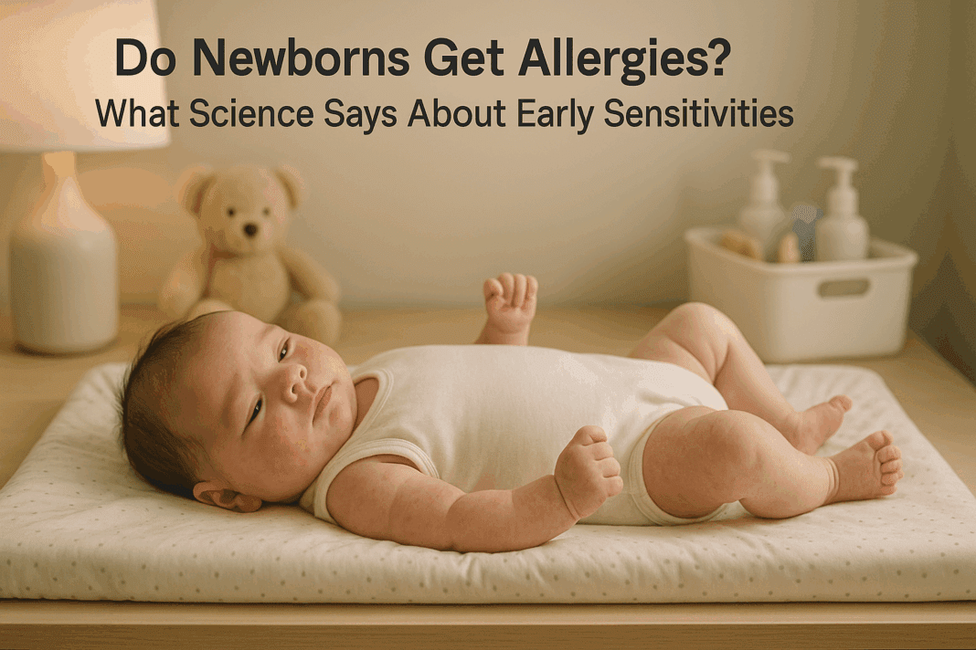 Newborn baby lying on a changing pad with mild facial rash in a clean nursery, illustrating early signs that raise the question: do newborns get allergies.