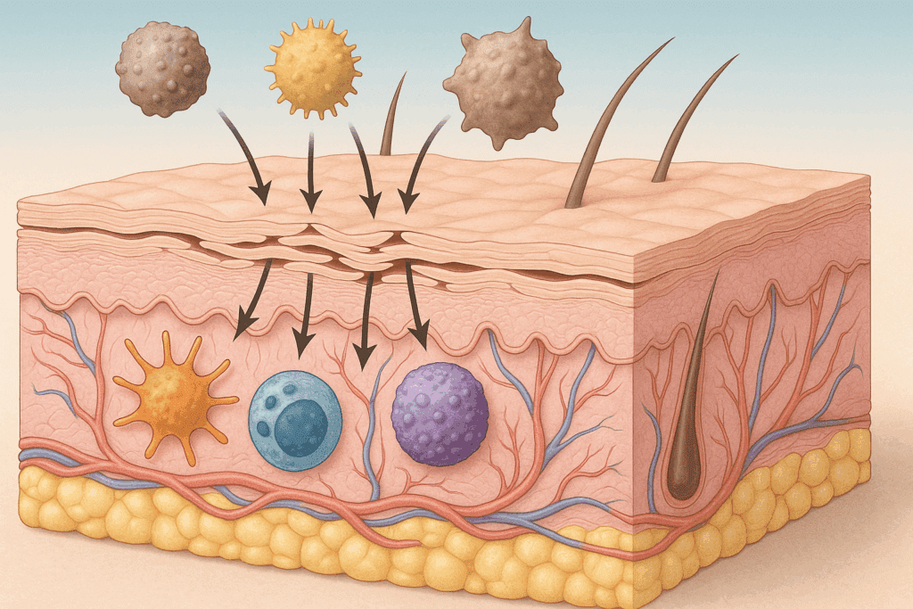 Cross-section of infant skin showing weak epidermal barrier with allergens penetrating and immune cells reacting—illustrates how do newborns get allergies.