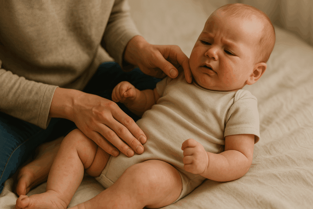 Parent examining a fussy newborn with mild red rashes on cheeks and legs, illustrating early signs that answer the question do newborns get allergies