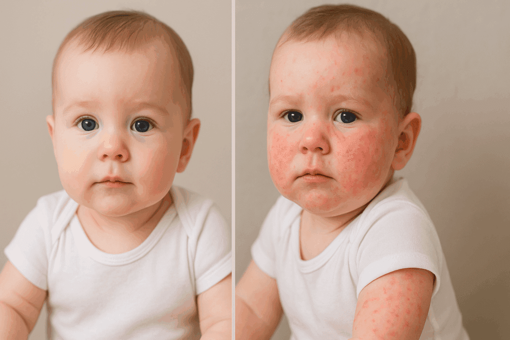 Split-screen of a baby showing healthy skin before eating and red rash after to illustrate do newborns get allergies.