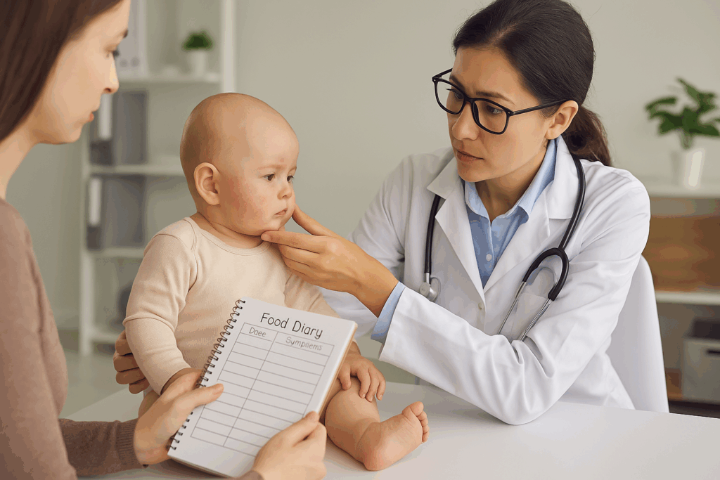 Pediatrician examining infant with facial rash as parent shows food diary, illustrating how do newborns get allergies diagnosed in a clinical setting