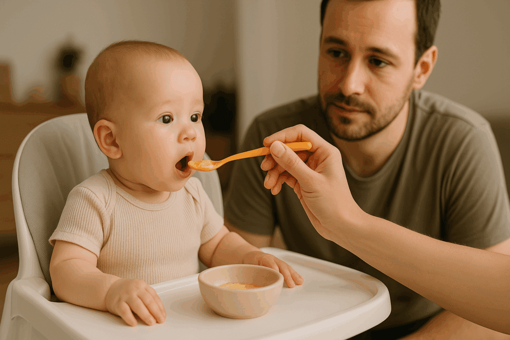 Caregiver spoon-feeding a baby mashed food in a high chair while a parent watches closely, illustrating how parents explore whether do newborns get allergies during early food introduction.