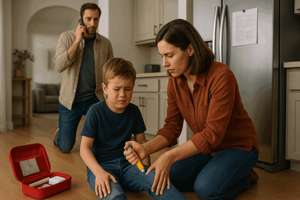 Parent using epinephrine auto-injector on child during allergic emergency at home, illustrating how fast response may prevent can i die in sleep from anaphylaxis.