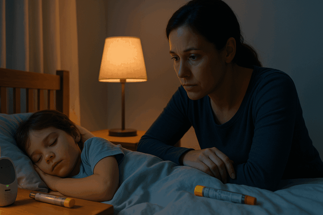 A concerned parent watches over a sleeping child at night, with a baby monitor and epinephrine auto-injector nearby—illustrating the fear behind “can I die in sleep from anaphylaxis