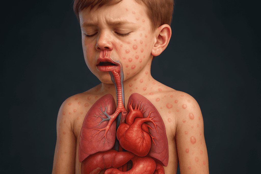 Medical illustration of a child experiencing system-wide symptoms during an allergic reaction, addressing the question can i die in sleep from anaphylaxis