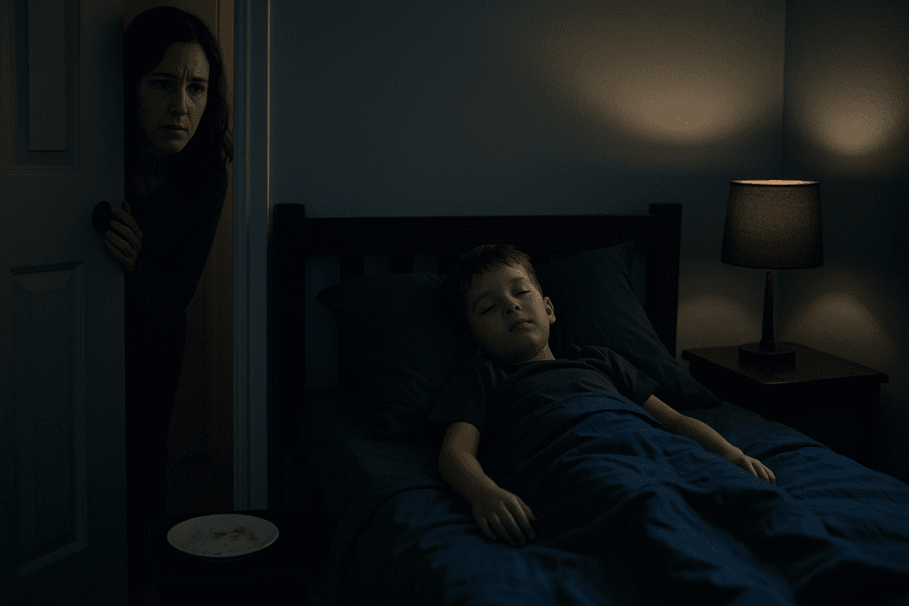 Worried parent peeking into a dimly lit bedroom where a child sleeps near a snack plate, evoking the question—can I die in sleep from anaphylaxis.