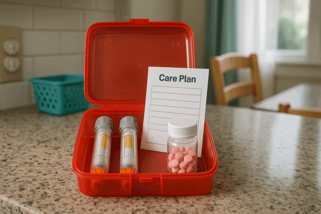 Organized emergency allergy kit with epinephrine auto-injectors and antihistamines on a kitchen counter, illustrating what to keep on hand to prevent situations like “can i die in sleep from anaphylaxis