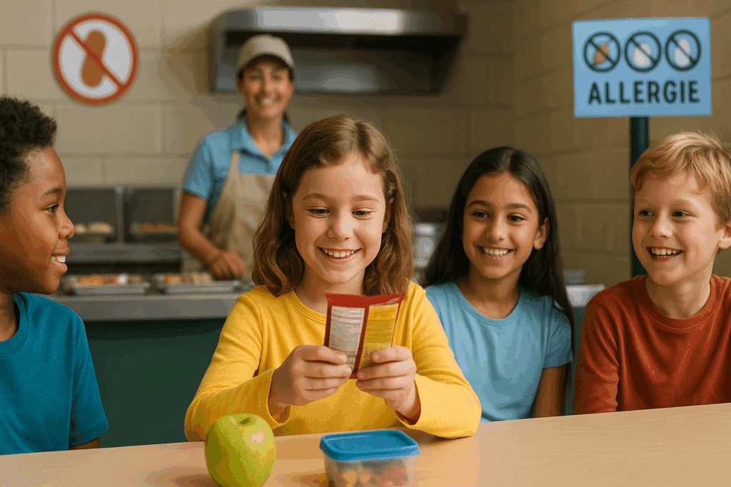 School-age child reading a snack label in a cafeteria with allergy-safe signs, promoting awareness about “can i die in sleep from anaphylaxis” concerns.
